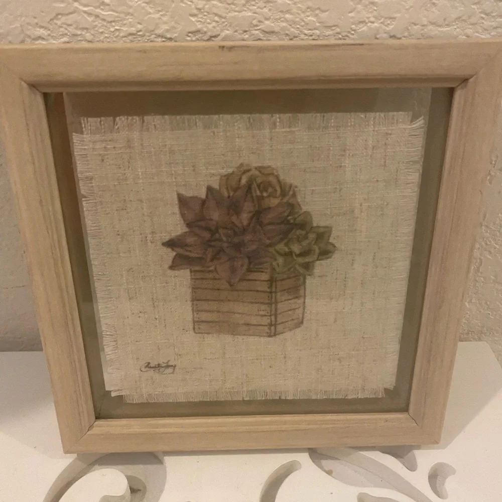 Vintage Signed Textured Fabric Botanical Wall Art with Natural Wood Frame 7”x 7”